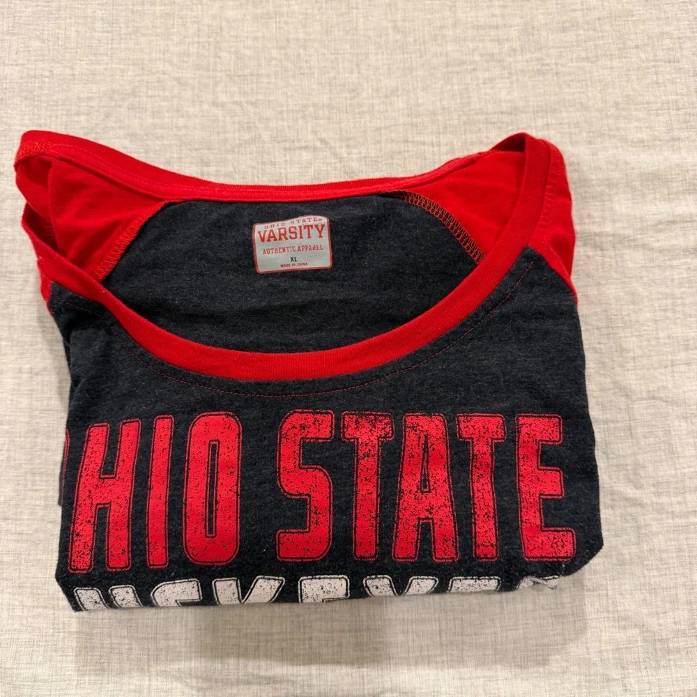 Ohio State Buckeyes Womens XL Varsity Raglan Long Sleeve Tee Red Charcoal Gray